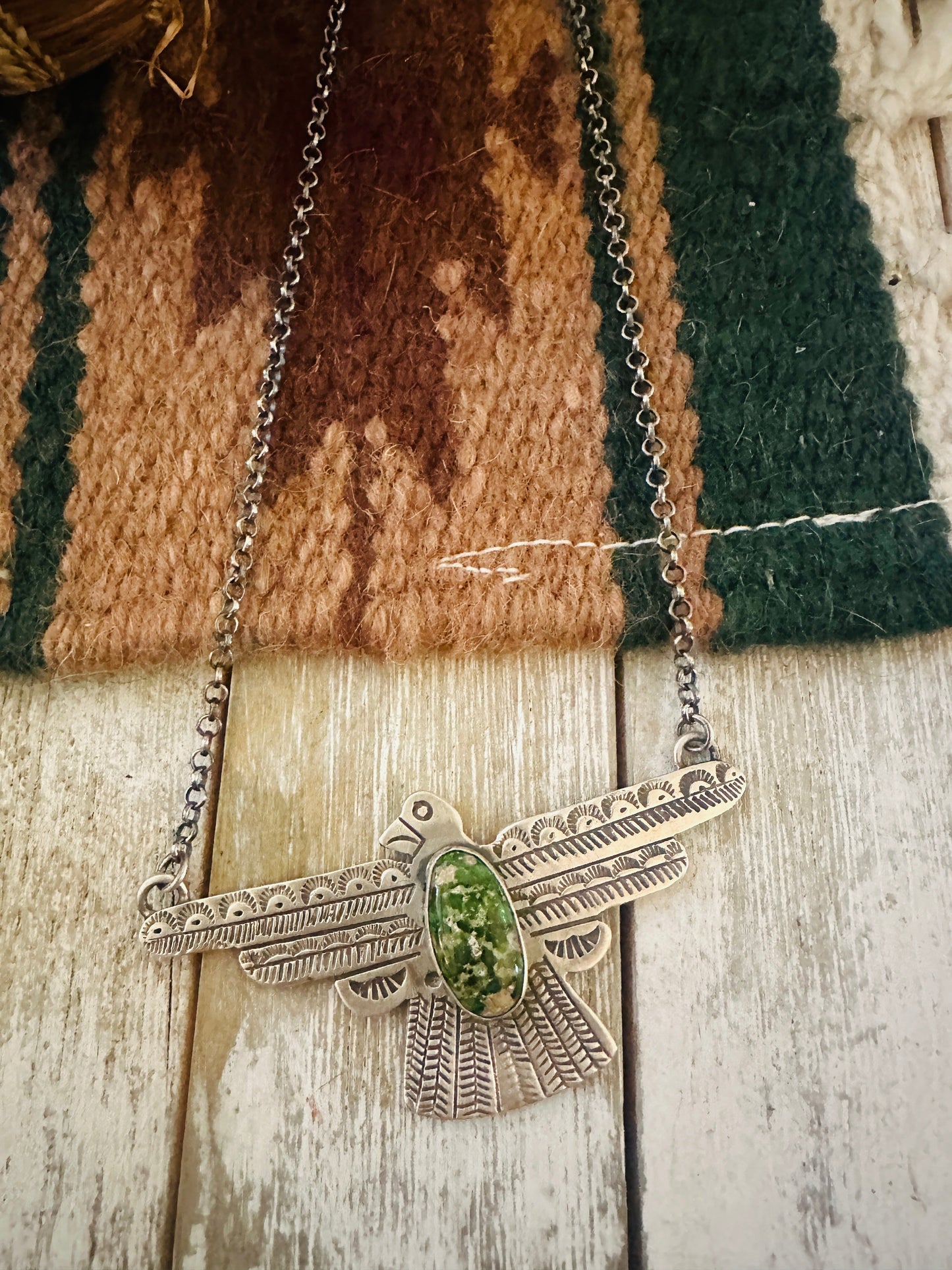 Handcrafted Turquoise & Sterling Silver Thunderbird Necklace by Russell Sam