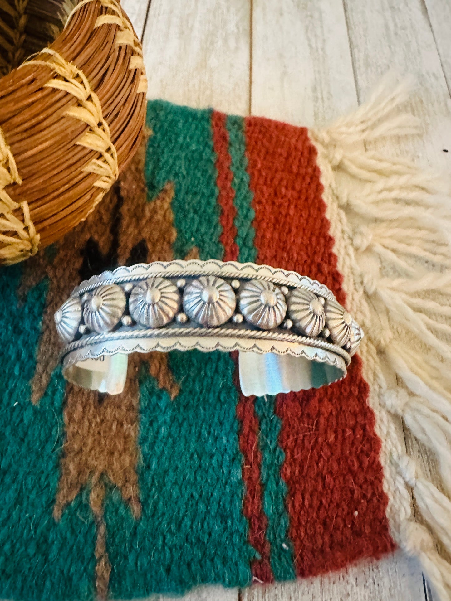Hand Stamped Sterling Silver Concho Cuff Bracelet