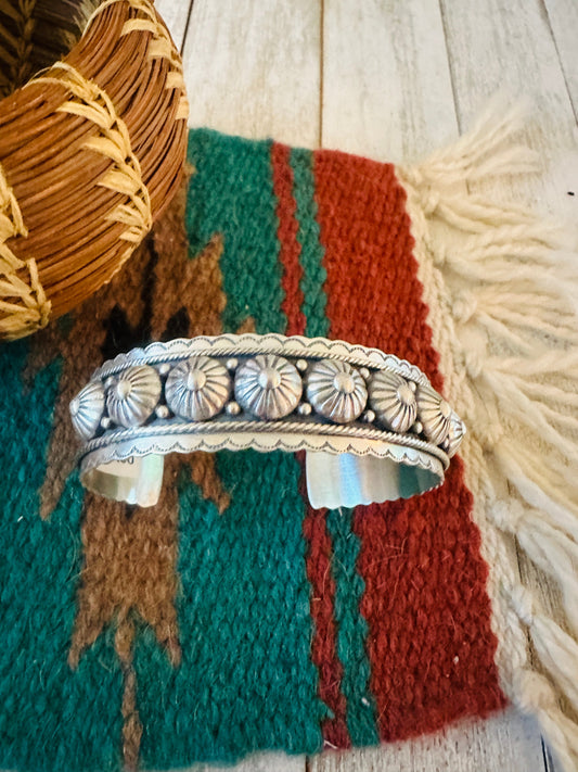 Hand Stamped Sterling Silver Concho Cuff Bracelet
