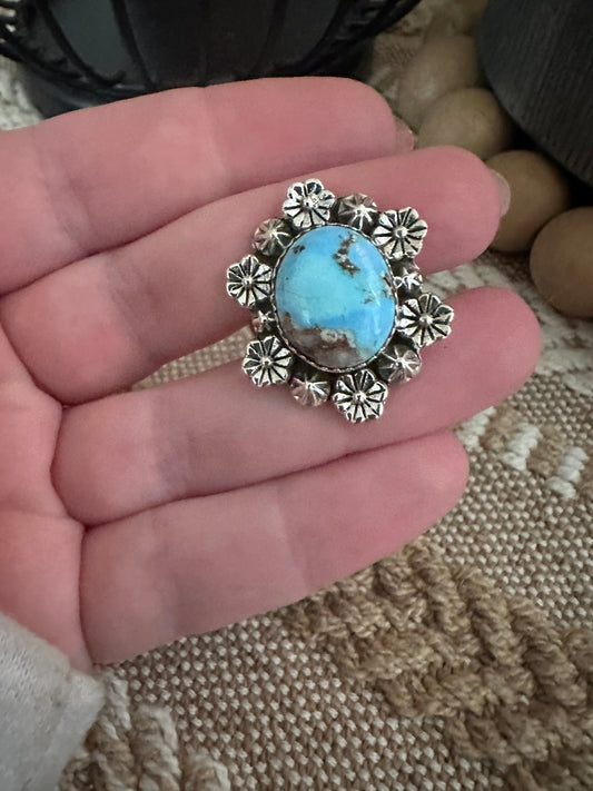 Beautiful Handmade Golden Hills Turquoise And Sterling Silver Adjustable Ring
