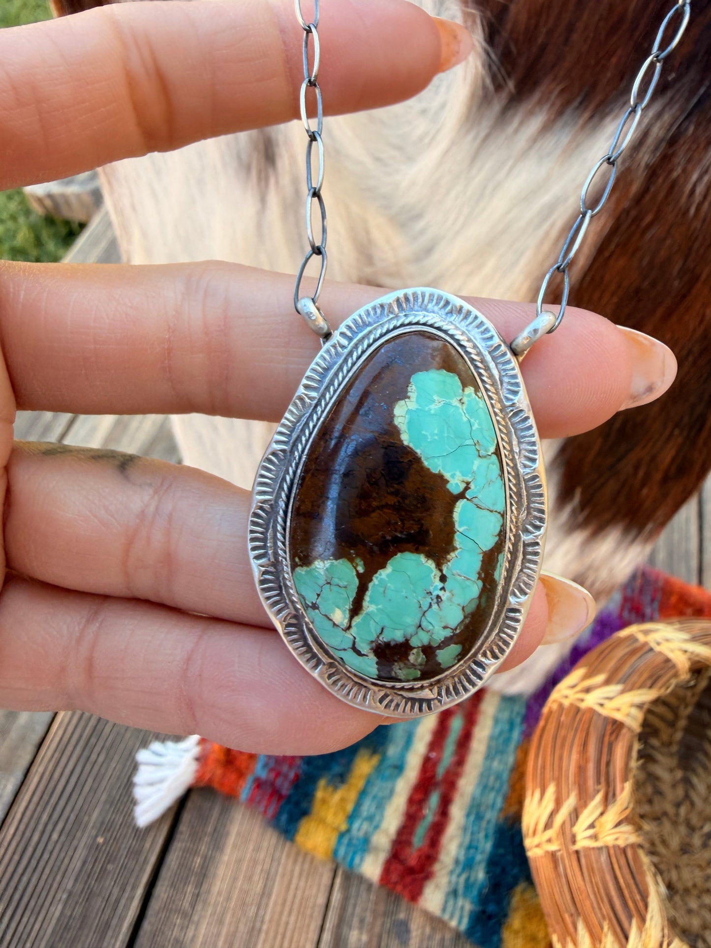 Handcrafted Number 8 Turquoise & Sterling Silver Necklace by Cordell Platero