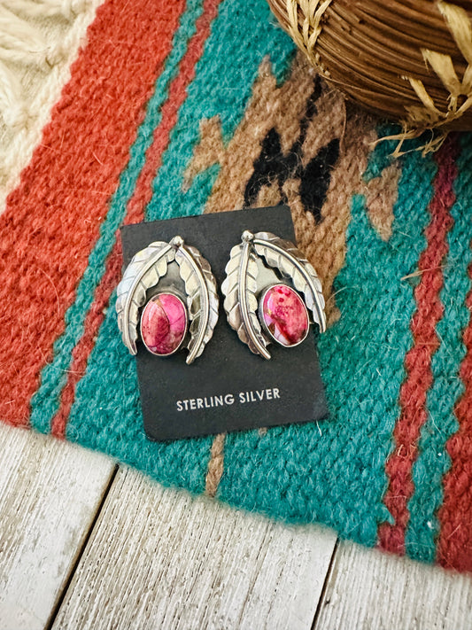 Handcrafted Pink Mojave & Sterling Silver Leaf Post Earrings