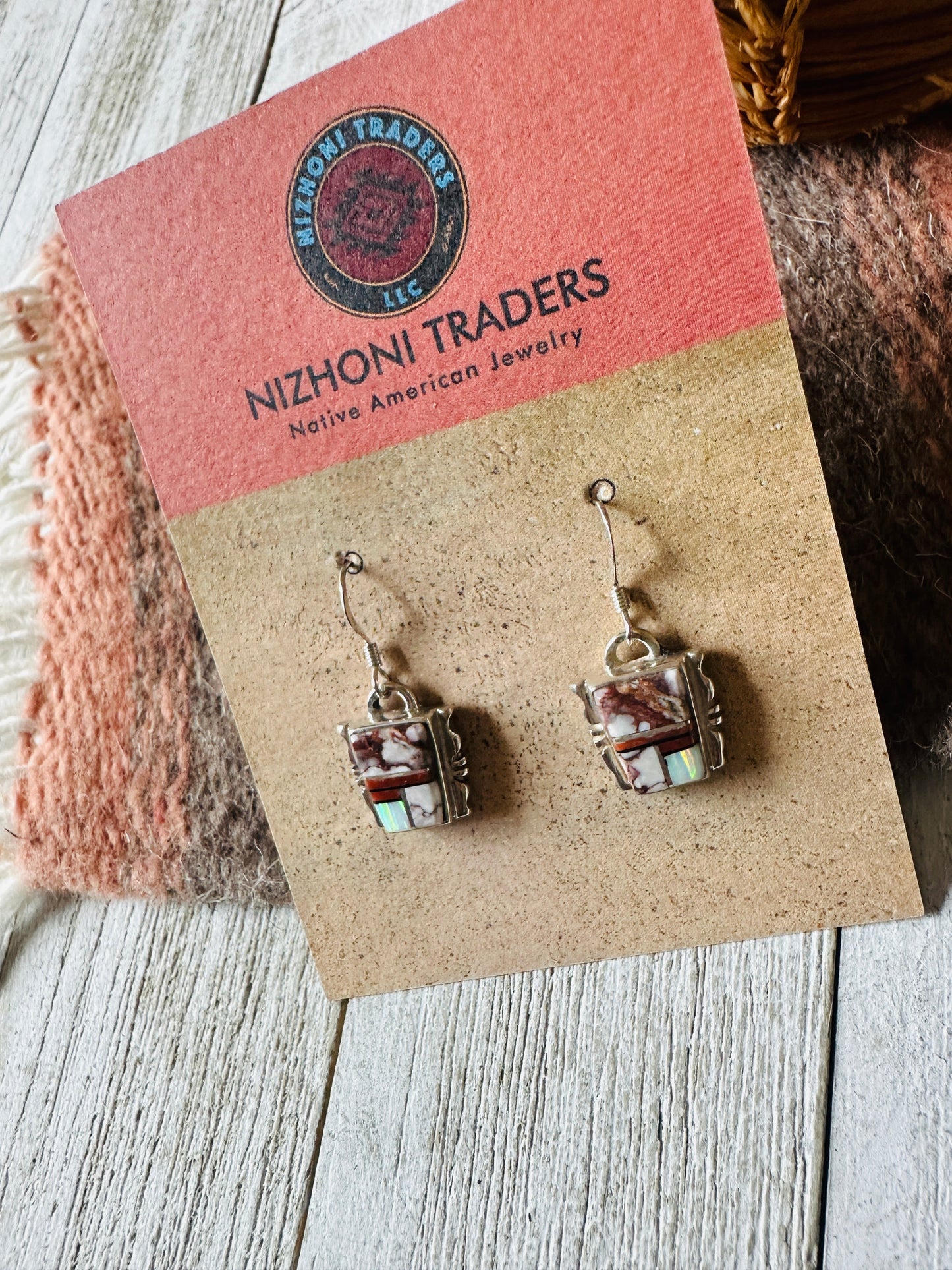 Handcrafted Sterling Silver & Multi Stone Inlay Dangle Earrings
