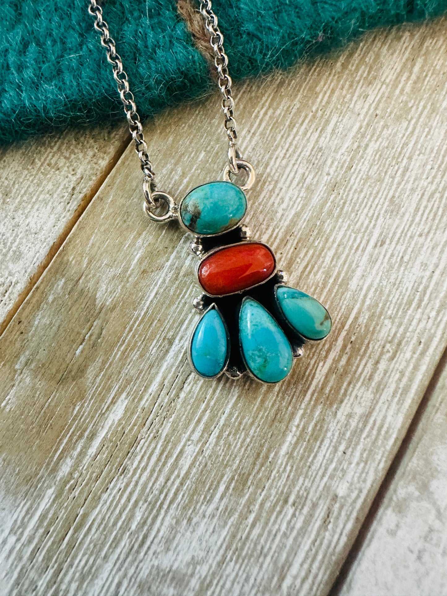 ** Christmas Collection ** Handmade Sterling Silver, Turquoise & Coral Necklace Signed Nizhoni