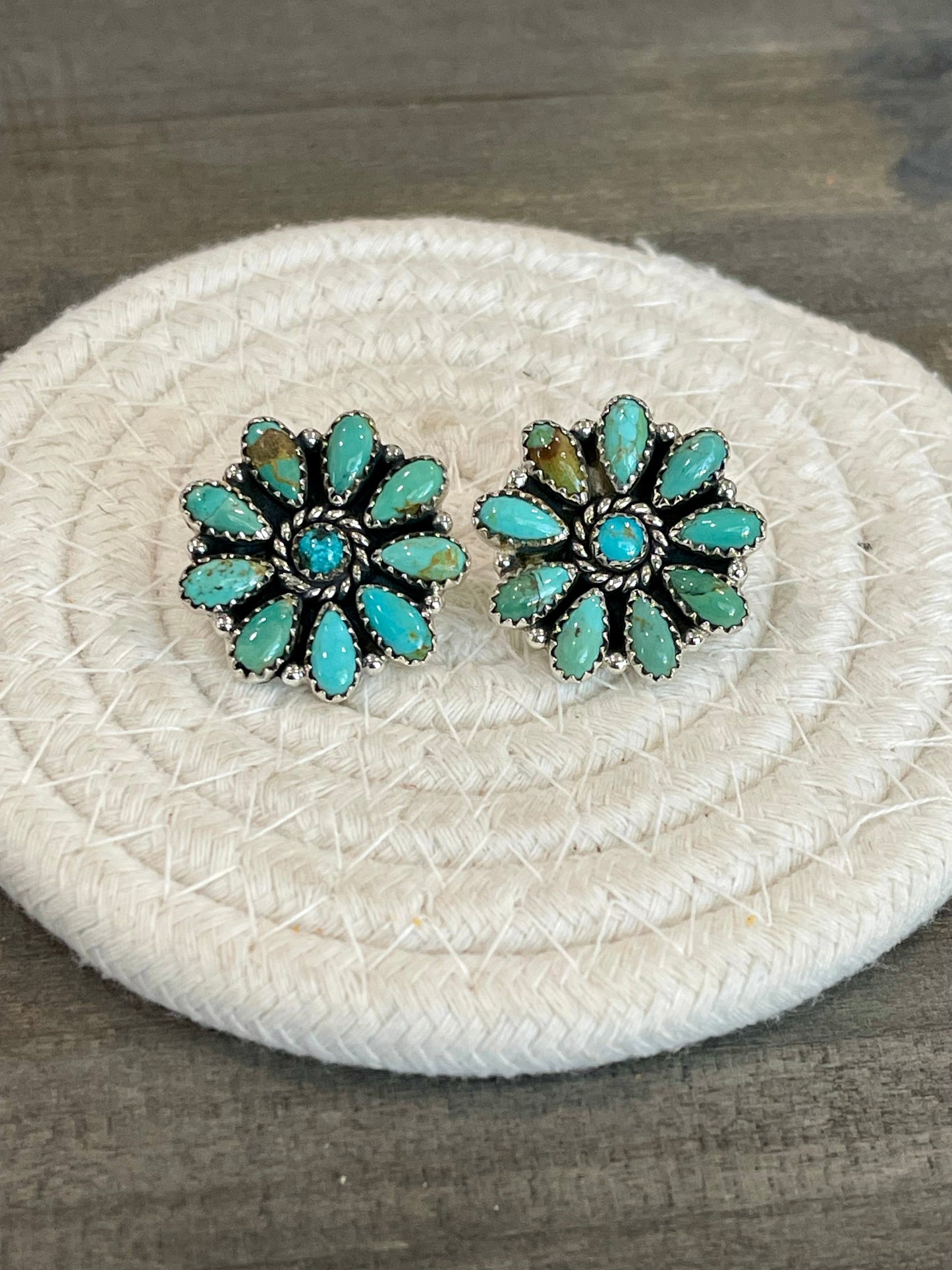 Handmade Turquoise & Sterling Silver Post Cluster Flower Earrings