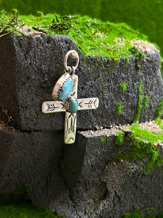 Handmade Golden Hills Turquoise Tear Drop & Etched Sterling Silver Cross Pendant
