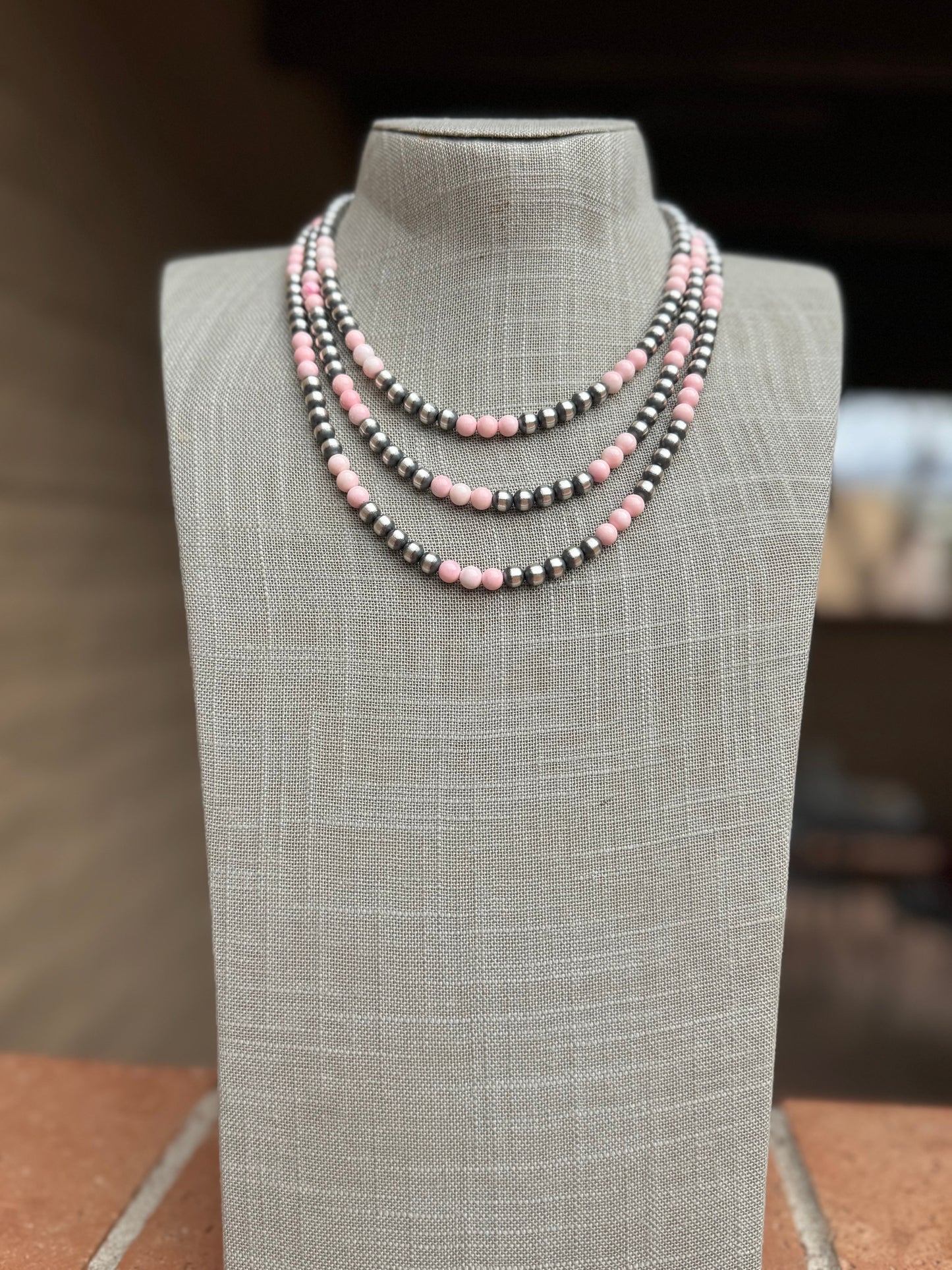 Handcrafted  Sterling Silver Pearl & Queen Pink Conch Beaded Necklace 6mm