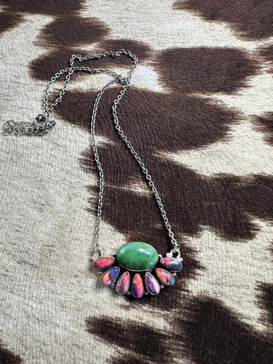 Handmade Pink Dream Mojave, Turquoise & Sterling Silver Crescent Necklace
