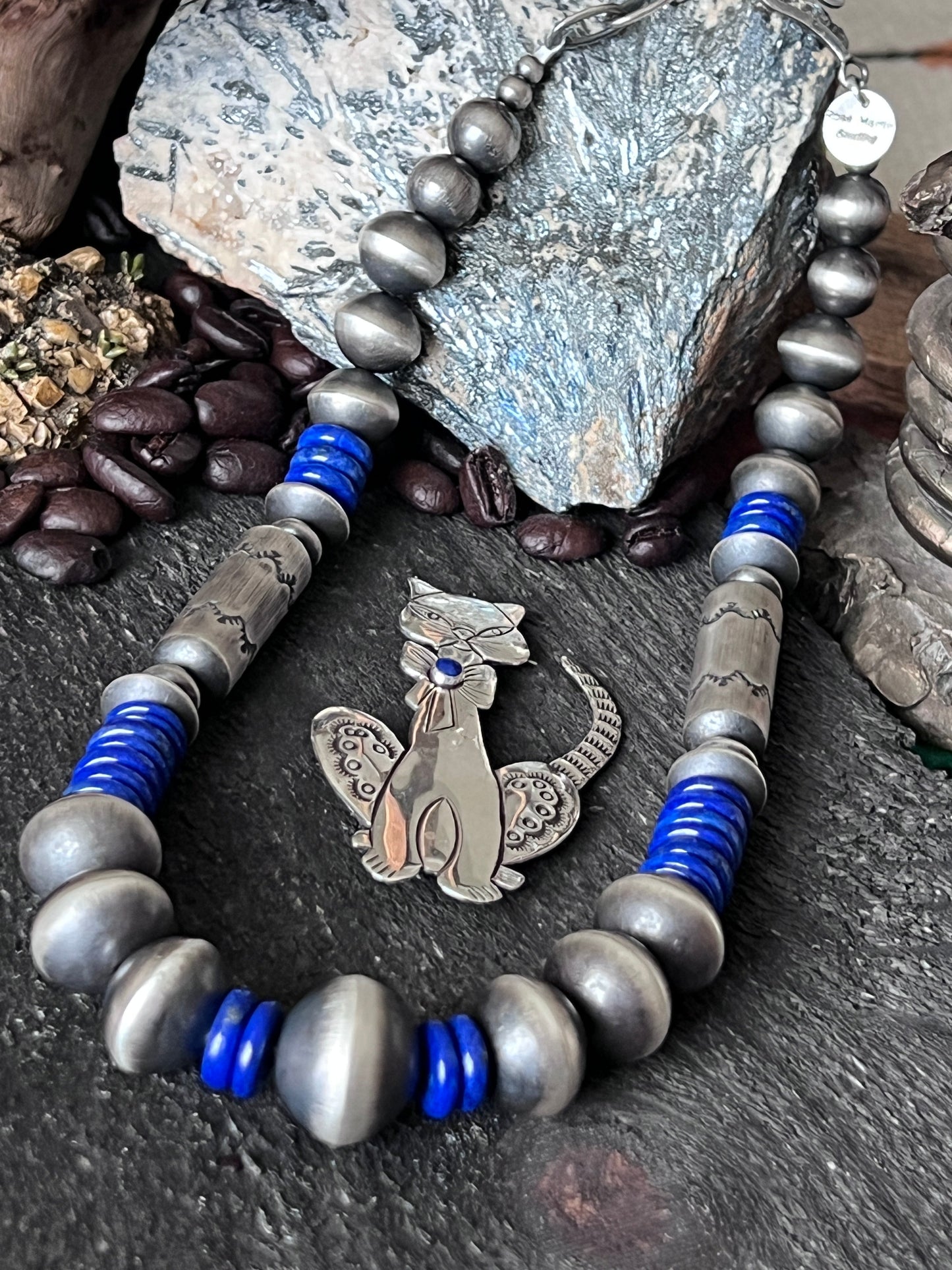Handcrafted Sterling Silver and Lapis Lazuli Single Strand Beaded Statement Necklace by Rose Martin, 16” + 2”