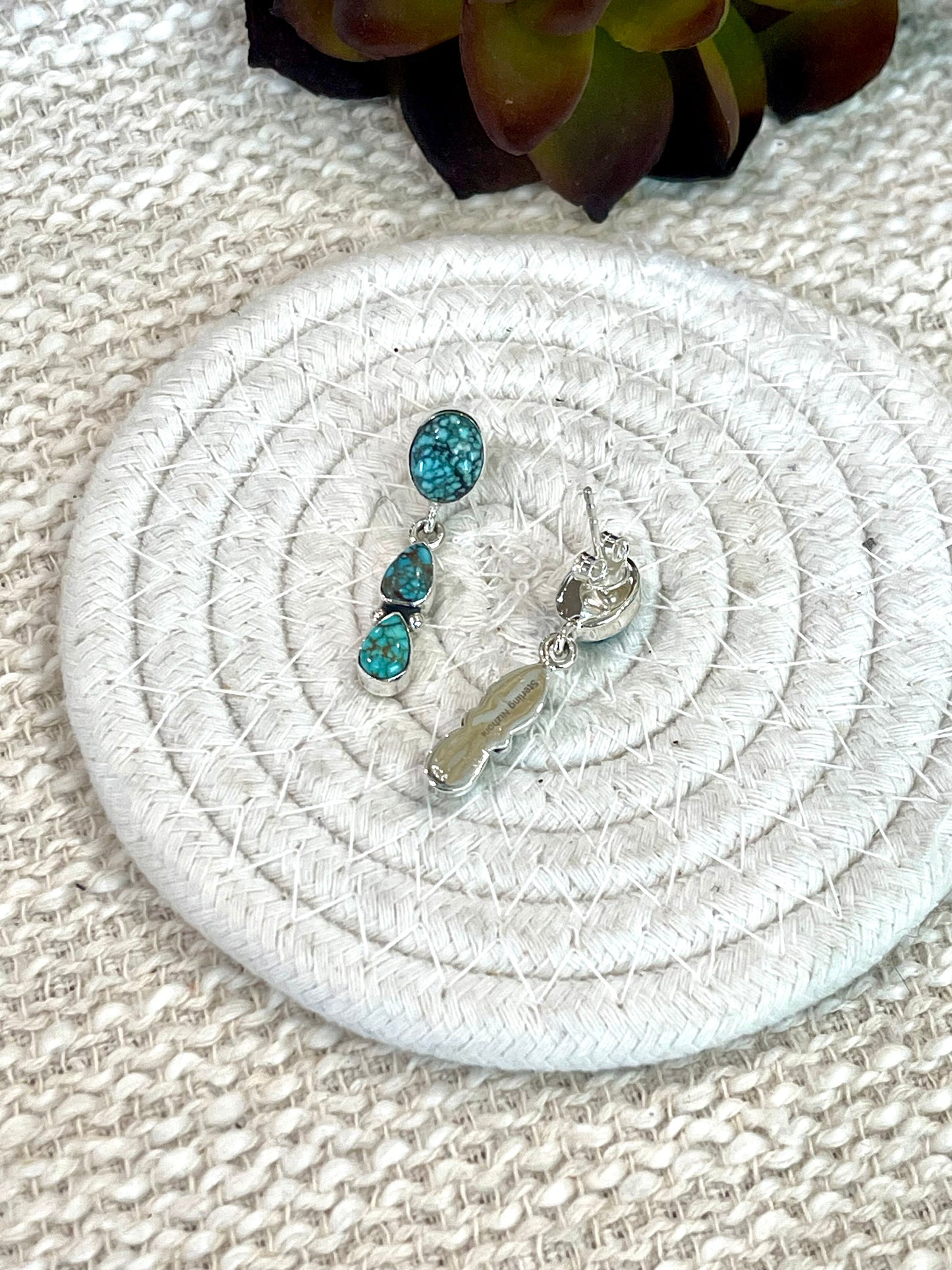 Handmade Sterling Silver Number 8 Turquoise Post Dangle Earrings Signed Nizhoni