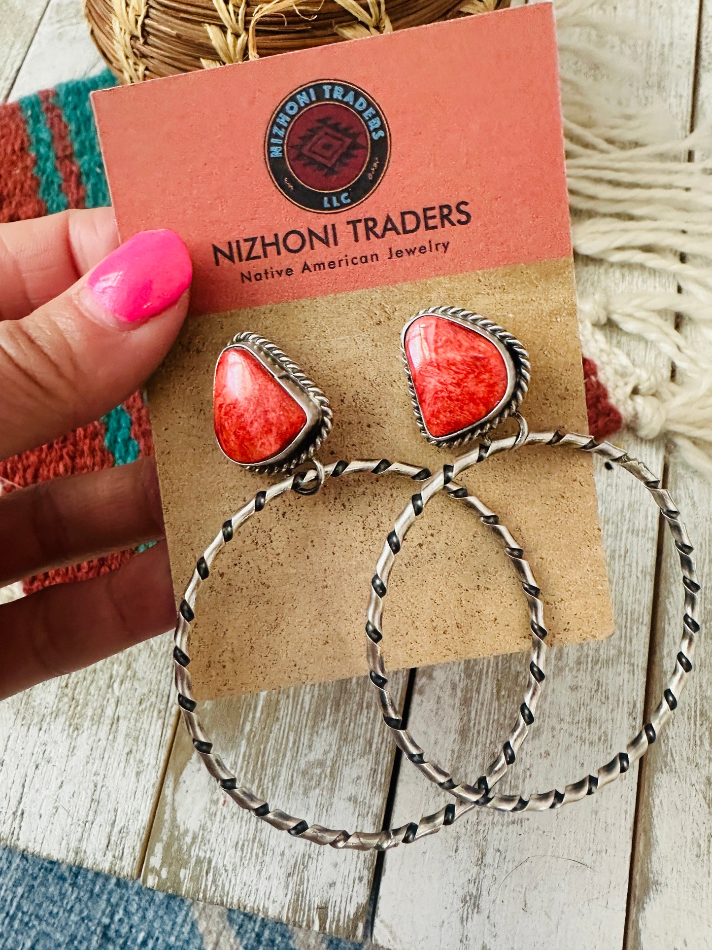 Handcrafted Orange Spiny and Sterling Silver Dangle Hoop Earrings