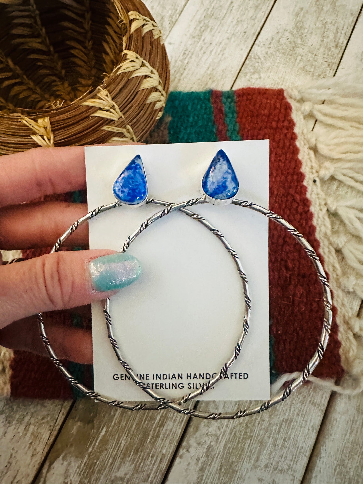 Handcrafted Lapis and Sterling Silver Dangle Hoop Earrings