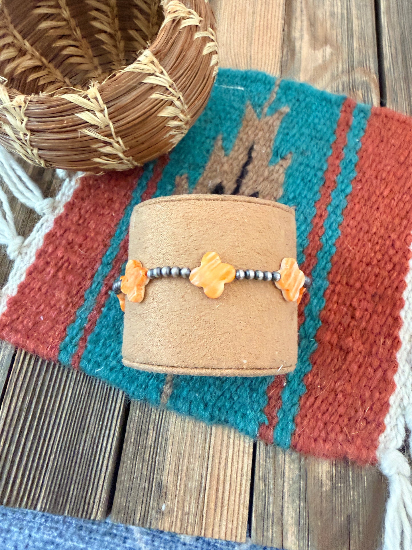 Handcrafted Spiny Oyster & Sterling Silver Pearl Cross Beaded Stretch Bracelet