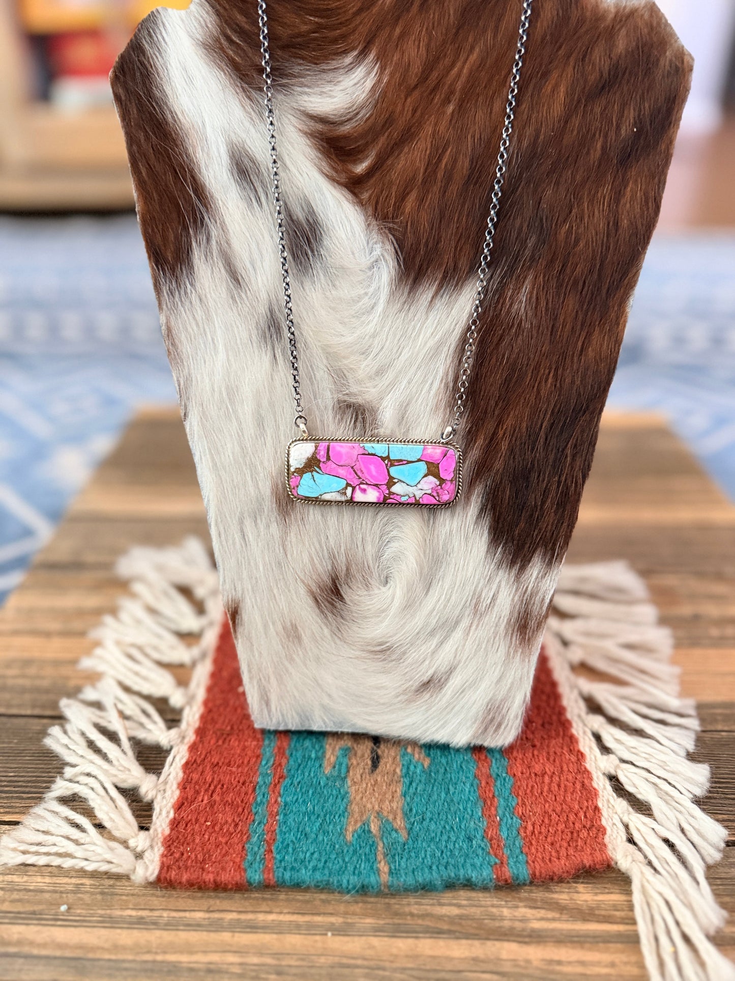 Handcrafted Cotton Candy & Sterling Silver Bar Necklace 18"