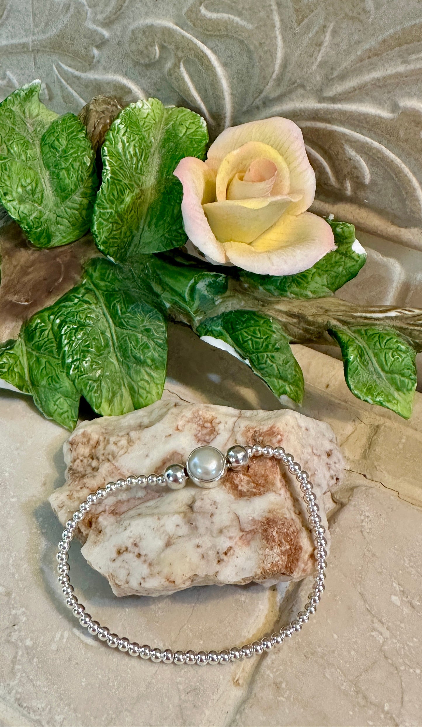 Beaded Stretch Sterling Silver Bracelet w/ Pearl Center
