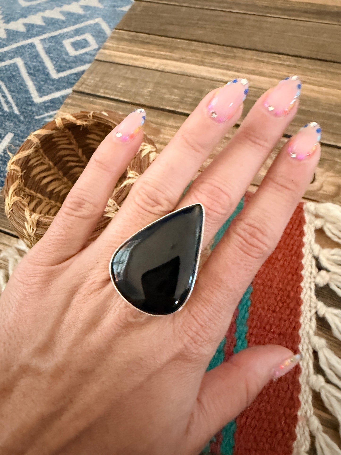 Handcrafted Black Onyx & Sterling Silver Ring Size 9.5