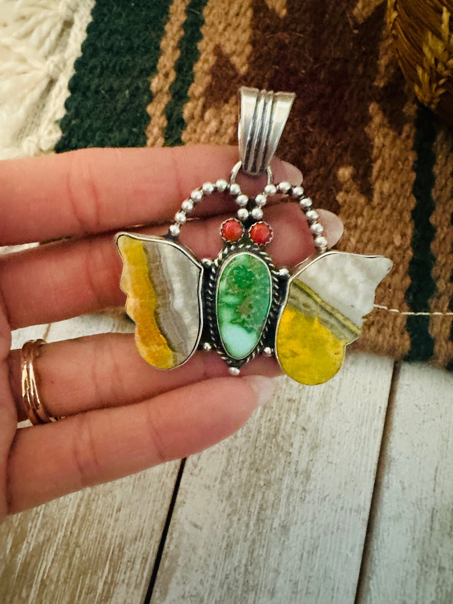 Navajo Bumblebee Jasper, Turquoise, Coral & Sterling Silver Butterfly Pendant