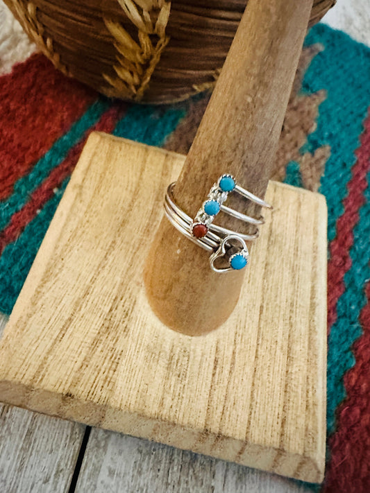 Handcrafted Turquoise, Coral & Sterling Silver Heart Adjustable Ring