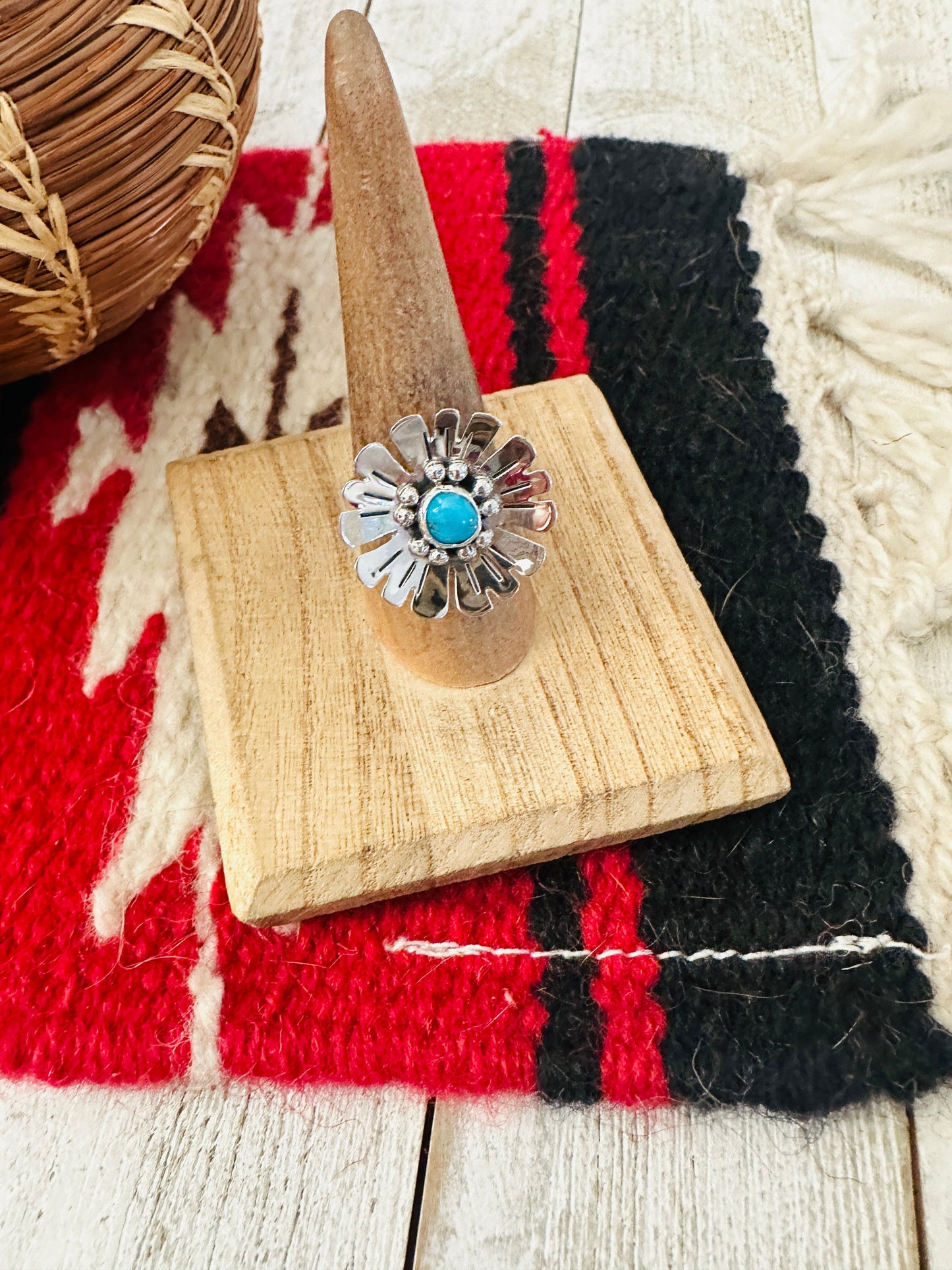 Handcrafted Sterling Silver & Turquoise Adjustable Flower Ring
