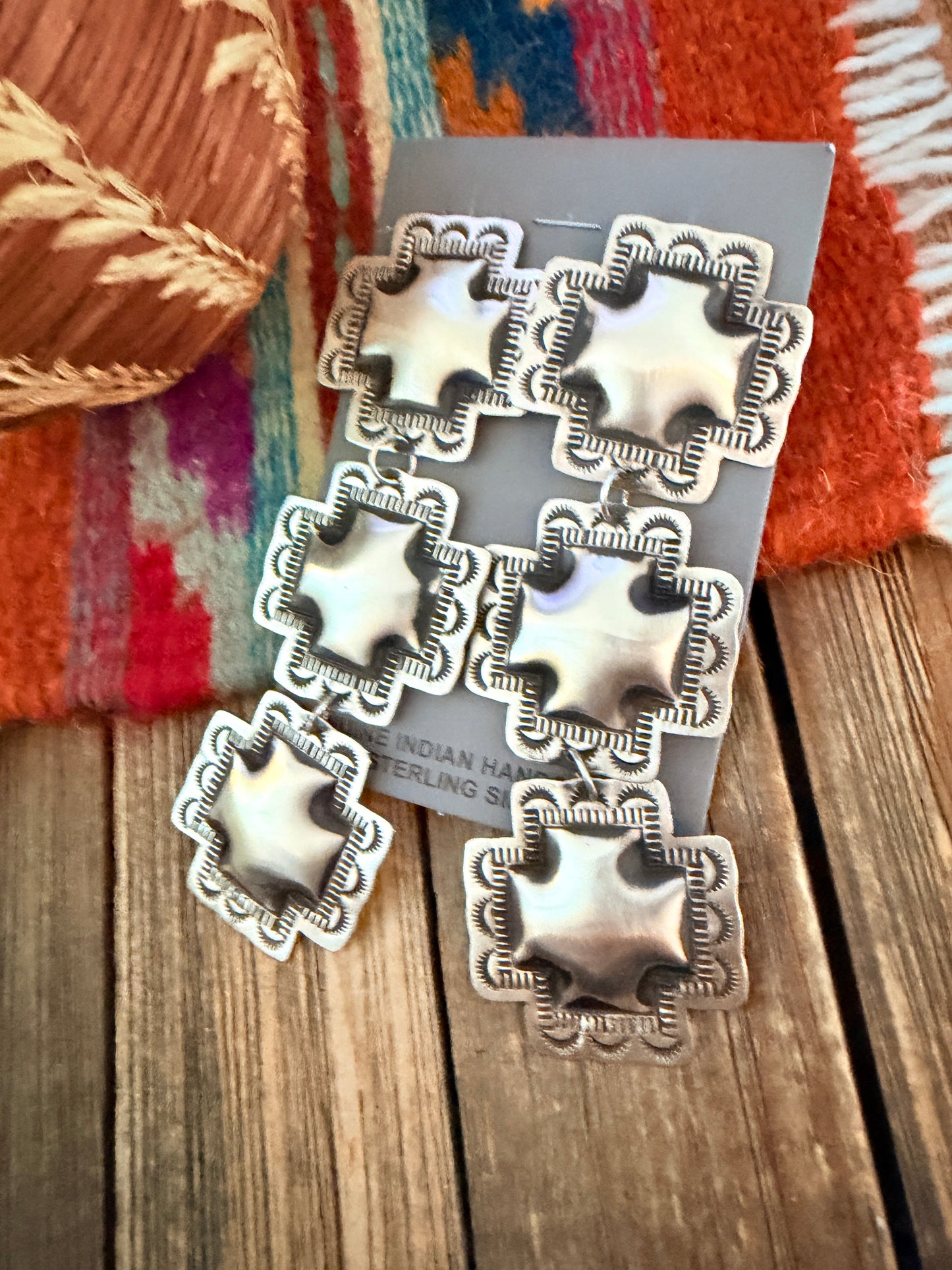 Handcrafted Sterling Silver Concho Cross Dangle Earrings by Leander Tahe