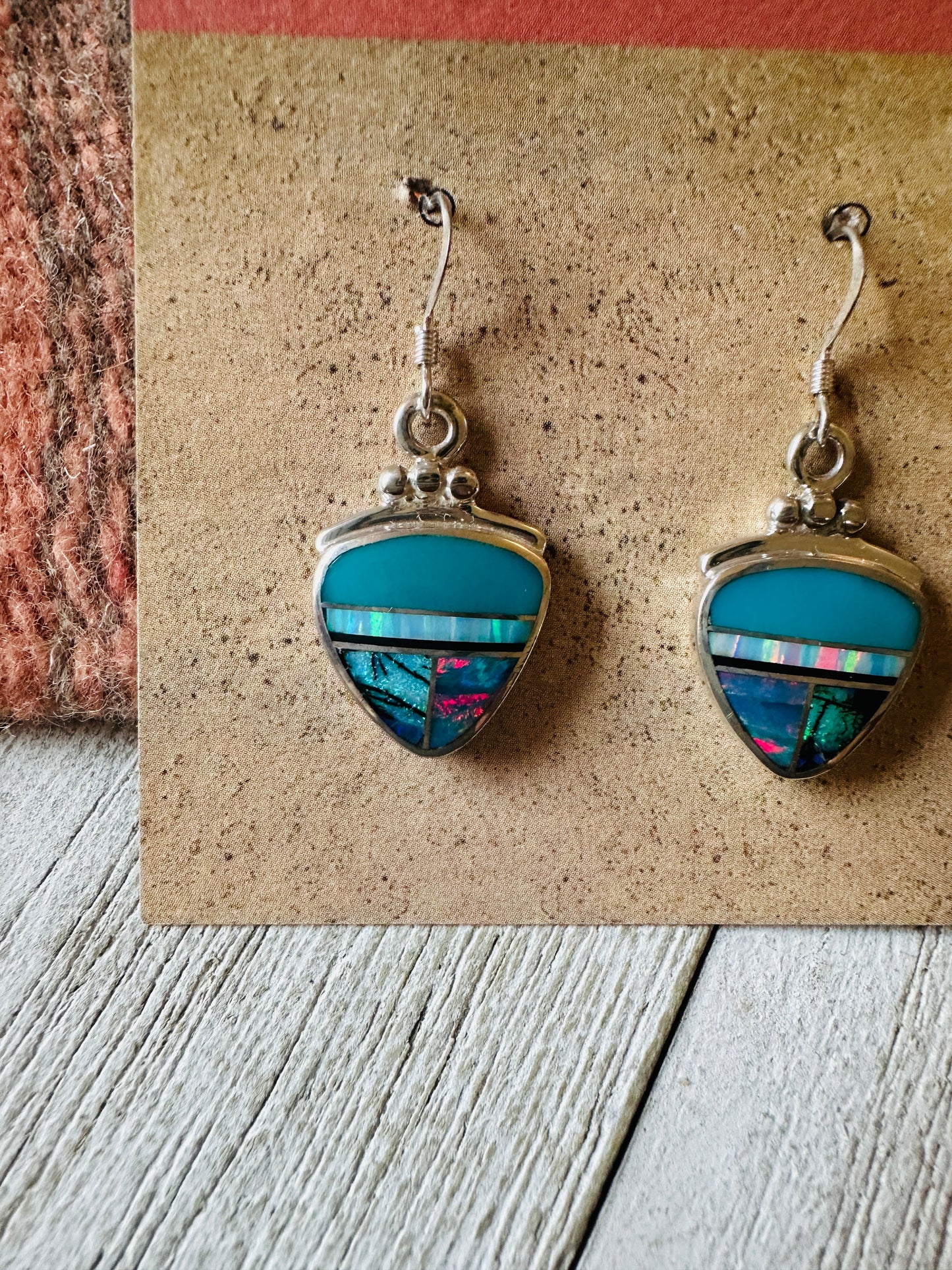 Handcrafted Sterling Silver & Multi Stone Inlay Dangle Earrings