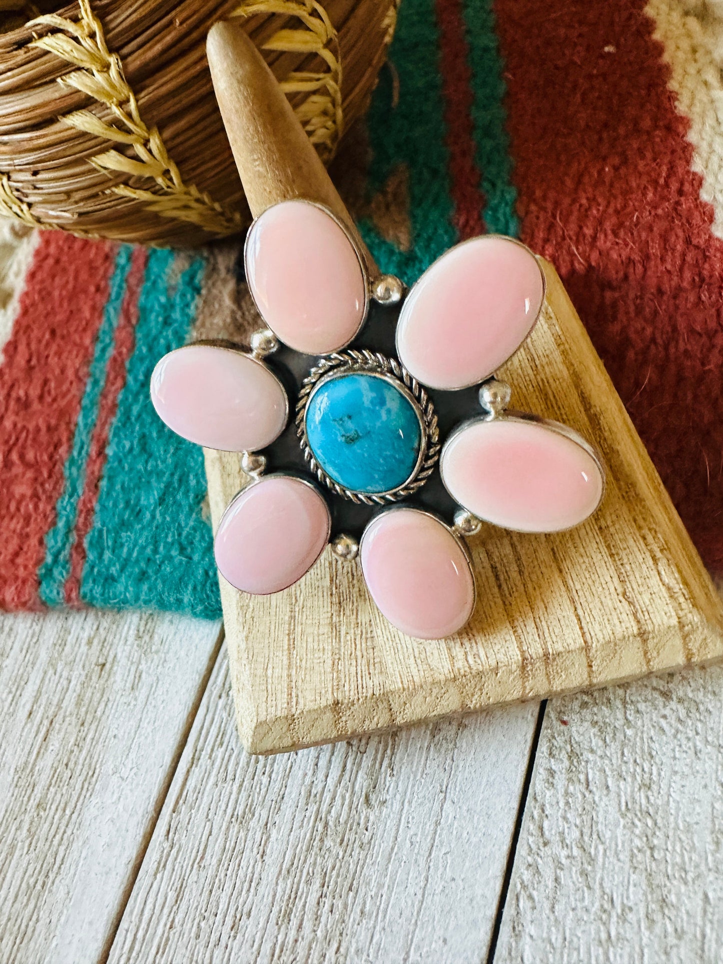 Handcrafted Sterling Silver, Queen Pink Conch & Turquoise Adjustable Flower Ring