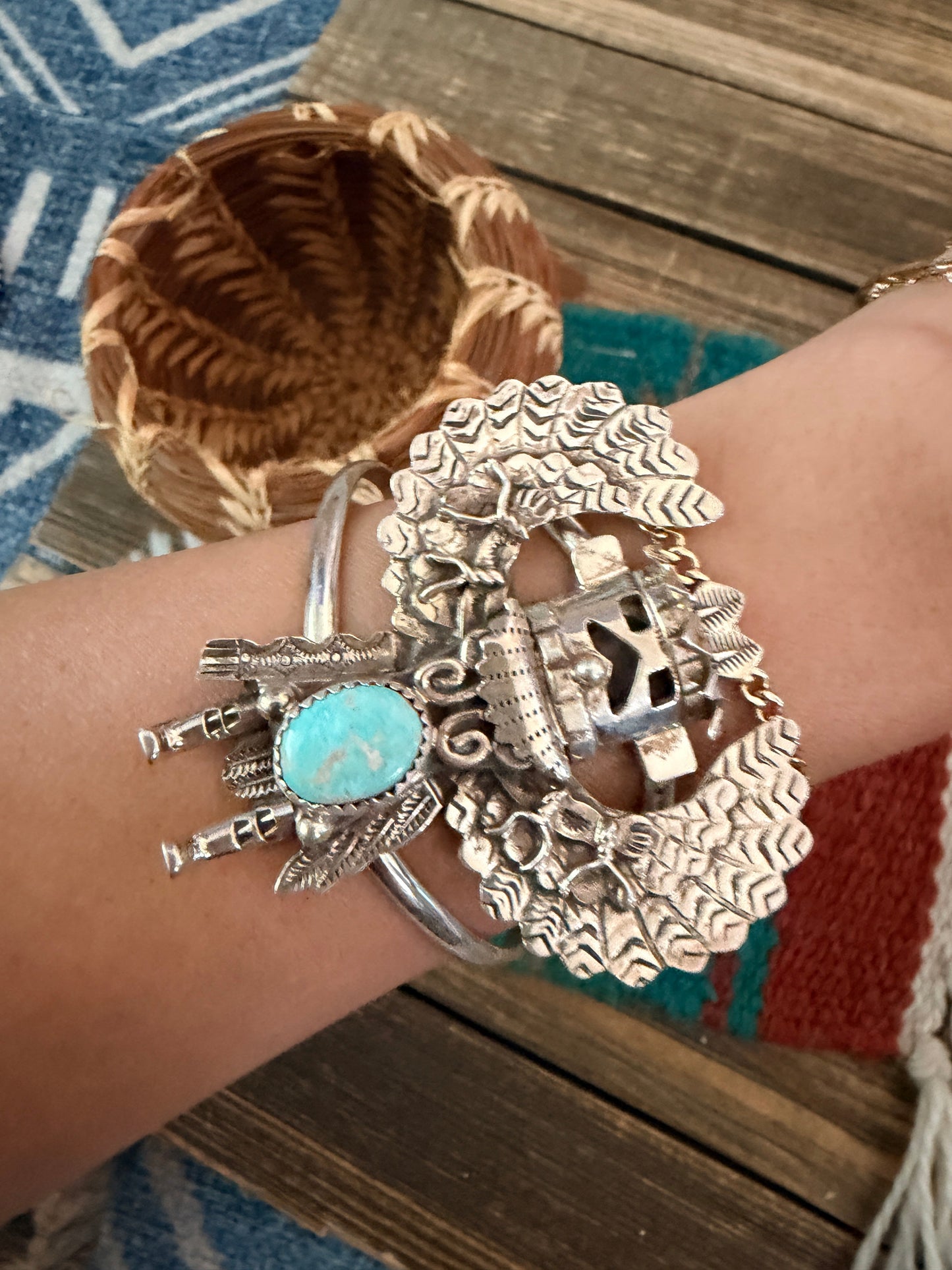 Handcrafted Old Pawn Sterling Silver & Turquoise Kachina Cuff Bracelet