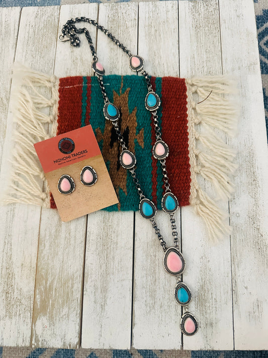 Handcrafted Turquoise, Pink Conch & Sterling Silver Necklace Set