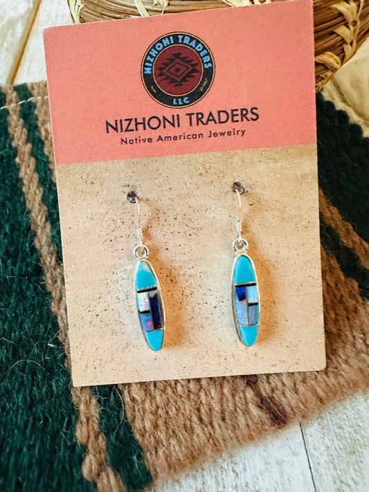 Handcrafted Sterling Silver & Multi Stone Inlay Dangle Earrings