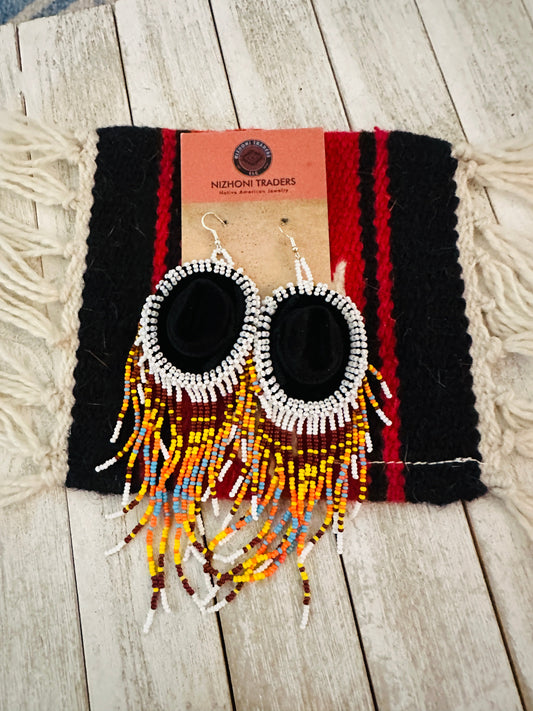 Handcrafted Beaded Cowboy Hat Dangle Earrings- white