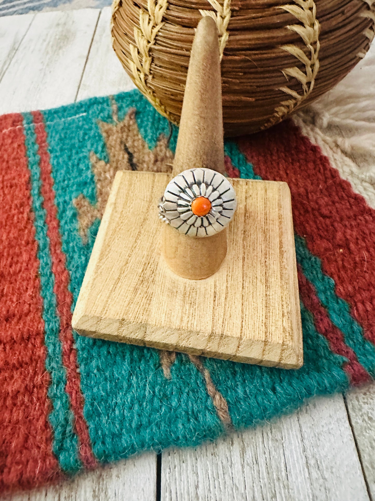 Handcrafted Sterling Silver & Orange Spiny Concho Adjustable Ring