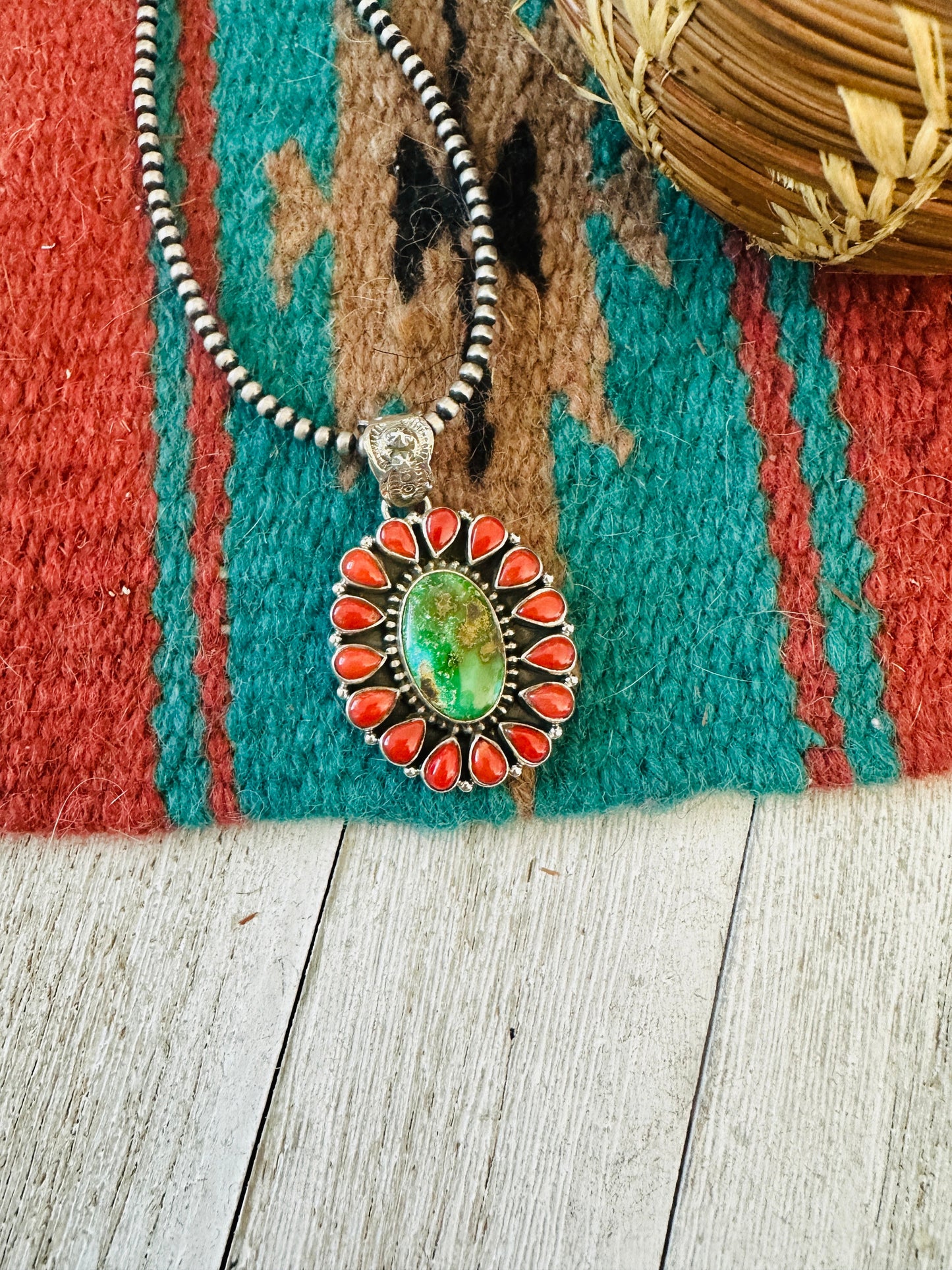 ** Christmas Collection ** Handmade Sterling Silver, Coral & Turquoise Cluster Pendant Signed Nizhoni