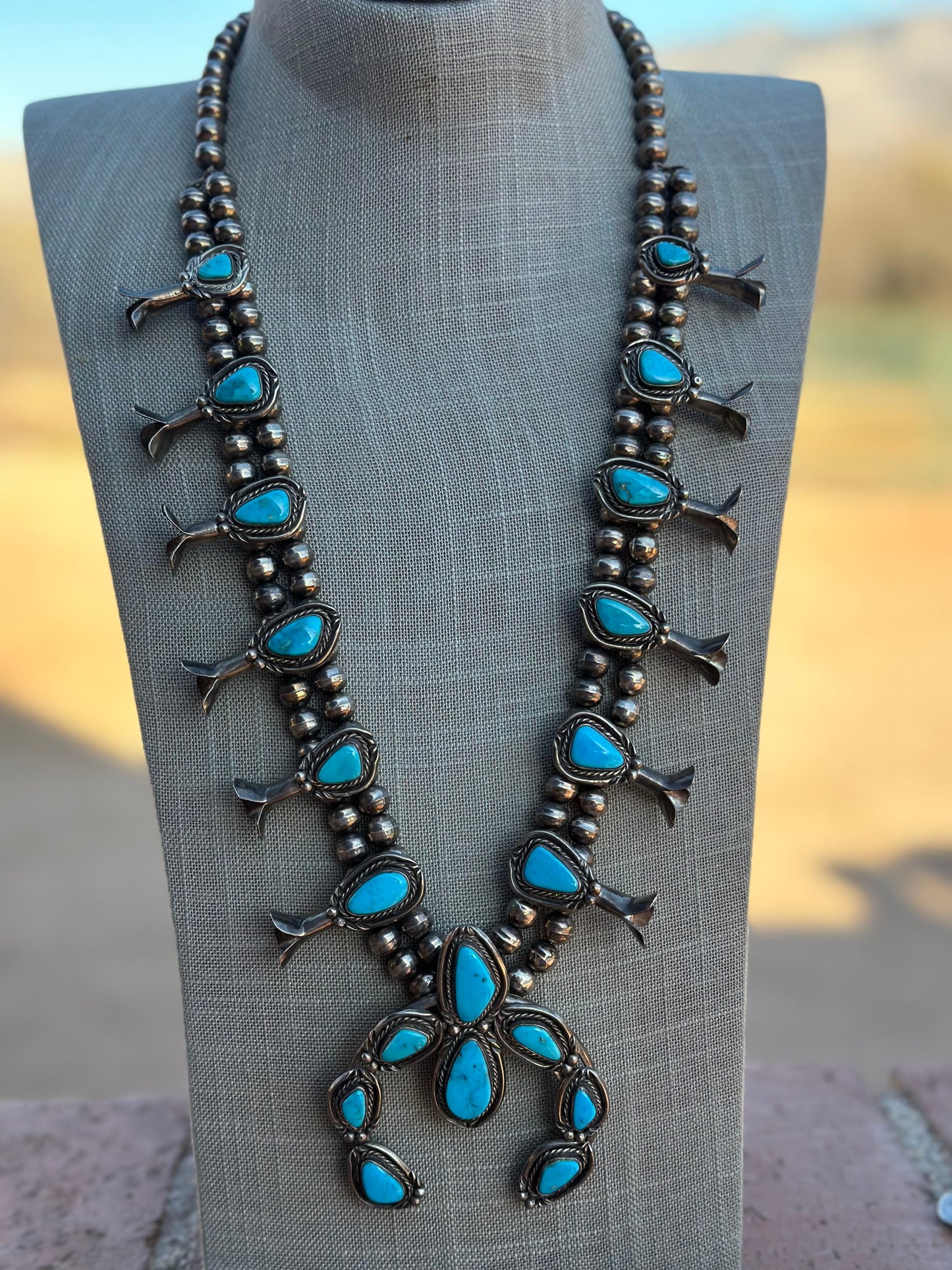 Estate Collection Old Pawn Turquoise & Sterling Silver Squash Blossom Necklace