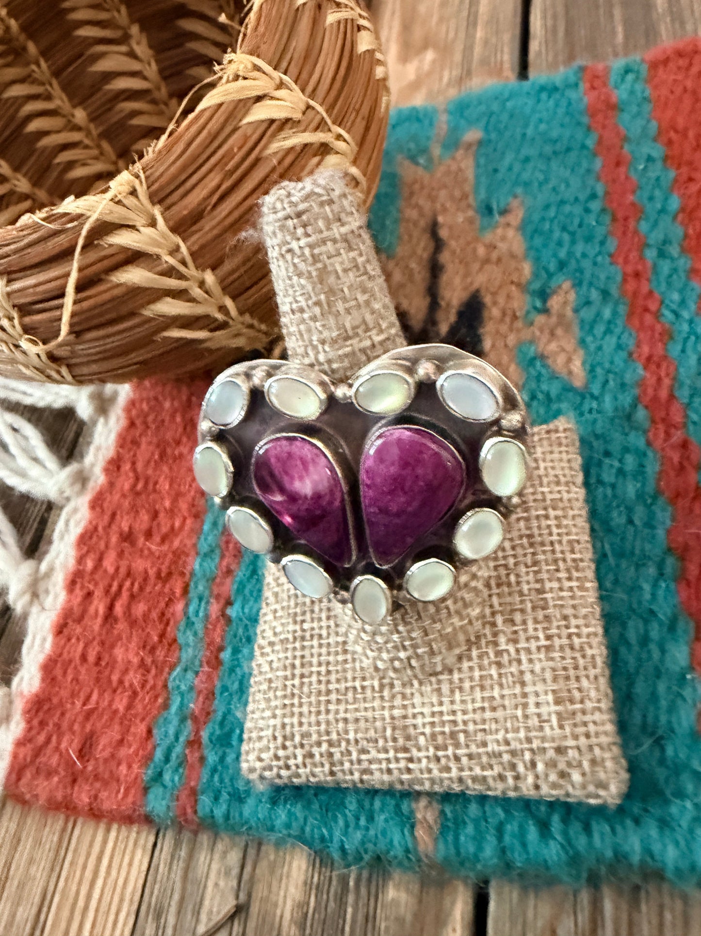 Handcrafted Spiny Oyster, Mother of Pearl & Sterling Silver Adjustable Heart Ring by Jacqueline Silver