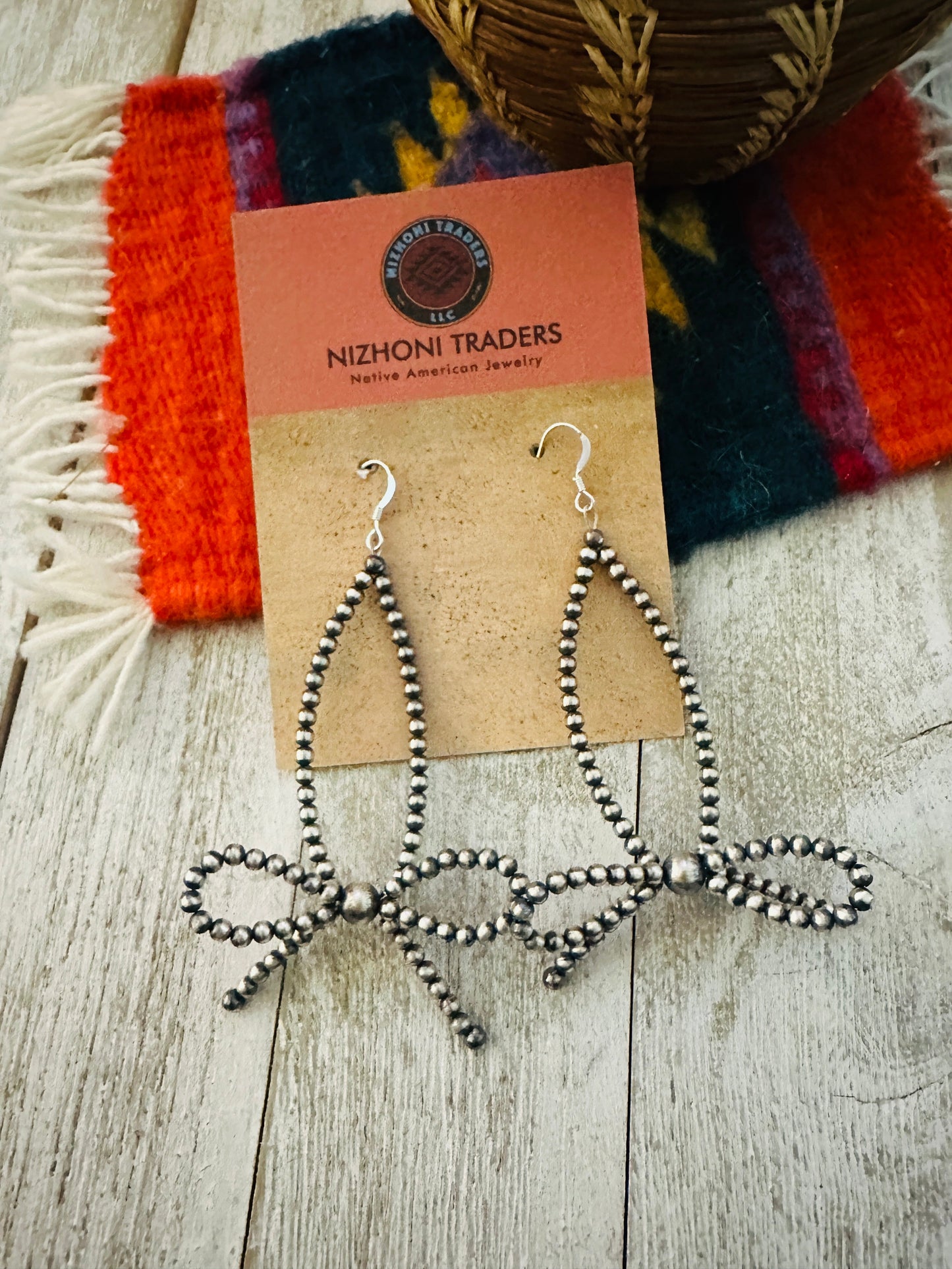 Handcrafted Sterling Silver Pearl Beaded Bow Dangle Hoop Earrings