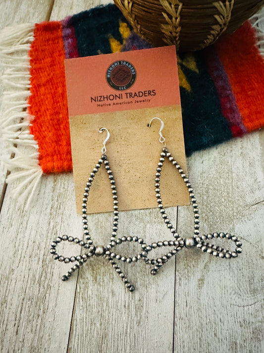 Handcrafted Sterling Silver Pearl Beaded Bow Dangle Hoop Earrings