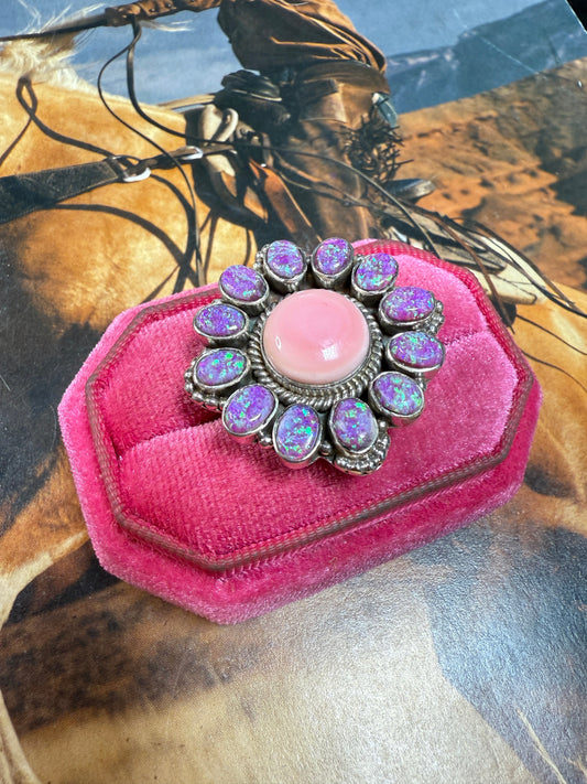 Handmade Pink Conch, Purple Fire Opal & Sterling Silver Adjustable Ring CIRCLE