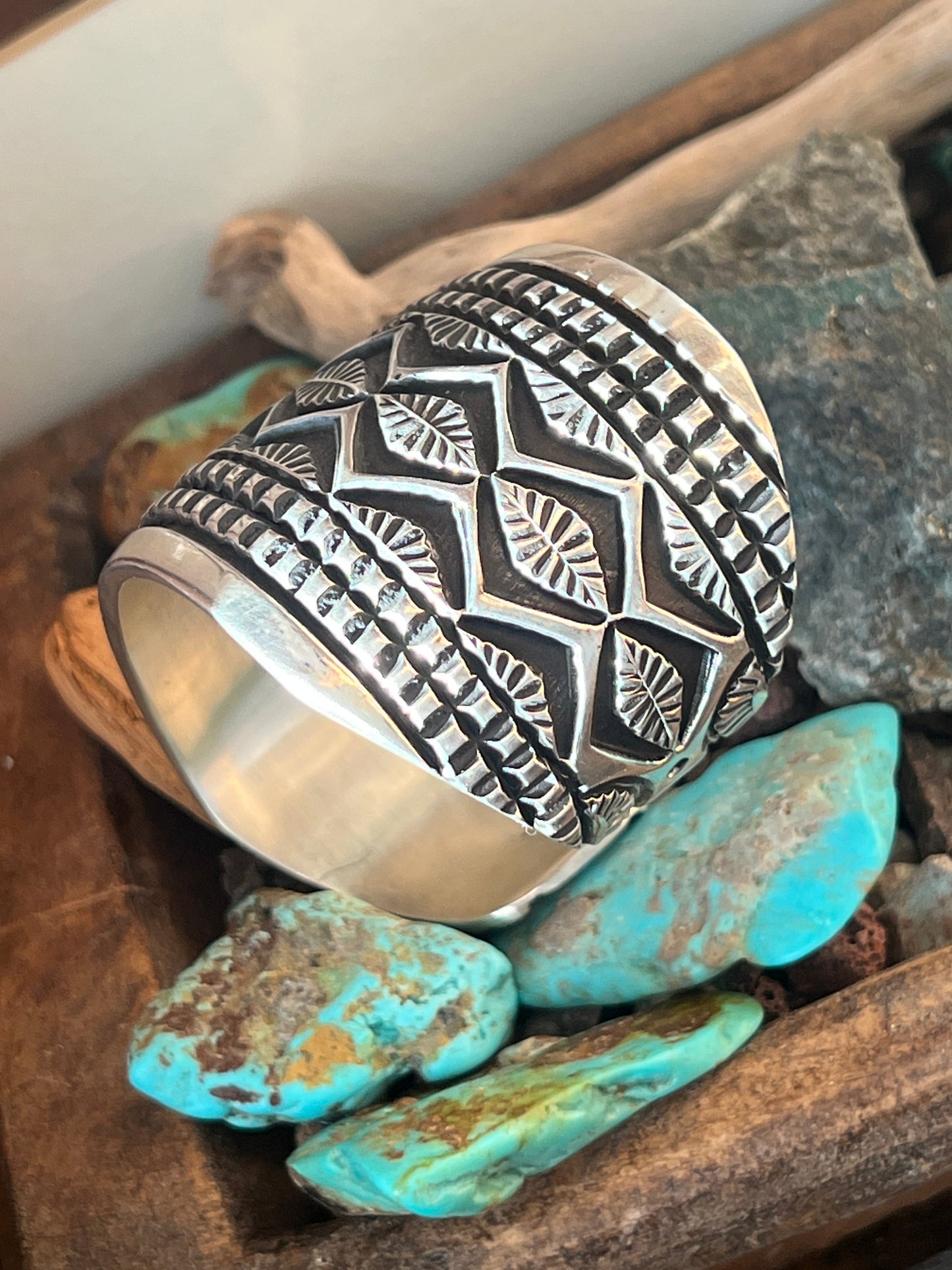 Handcrafted Old Pawn Sterling Silver Deep Stamped Cuff Bracelet by Elvira Bill