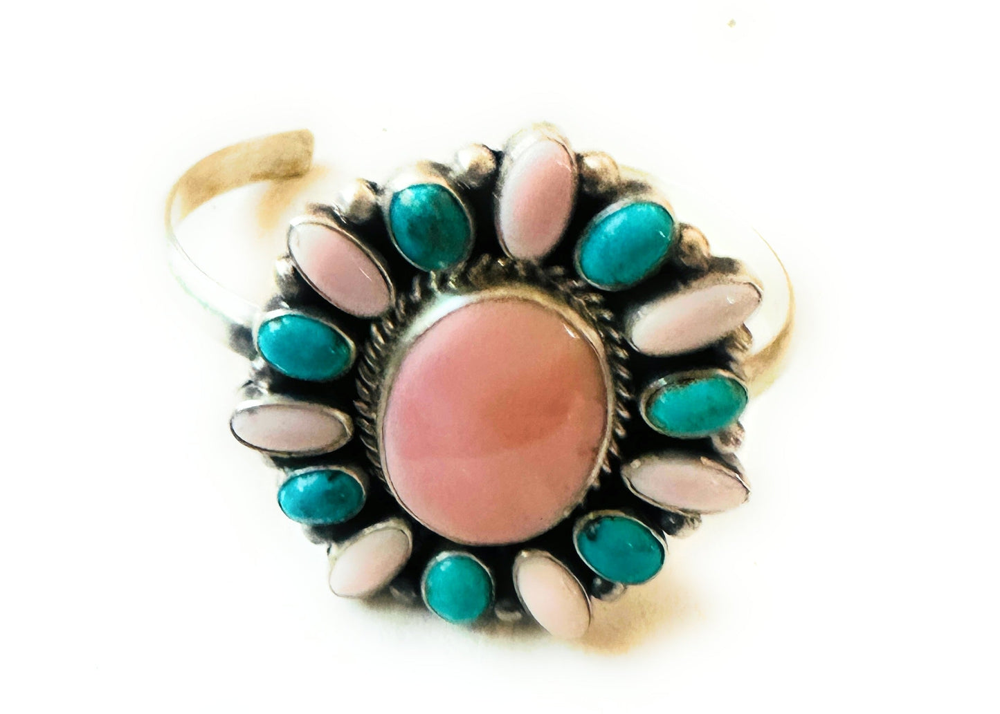 Navajo Queen Pink Conch, Turquoise & Sterling Silver Cluster Cuff Bracelet