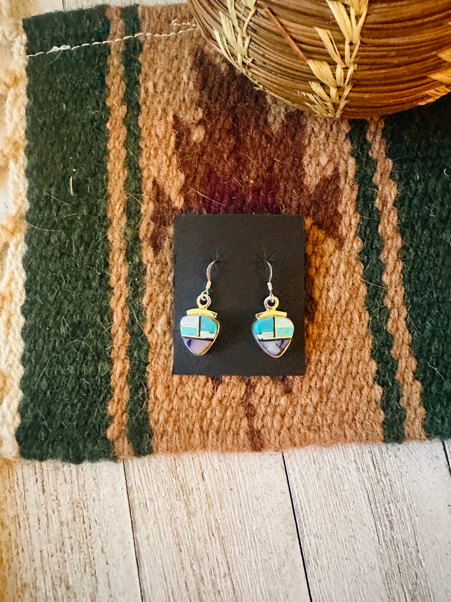 Handcrafted Sterling Silver & Multi Stone Inlay Dangle Earrings