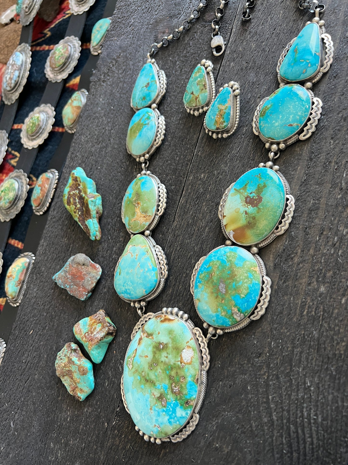 Massive Handcrafted Sterling Silver and Sonoran Mountain Turquoise Statement Necklace with Earrings by Talila Benally