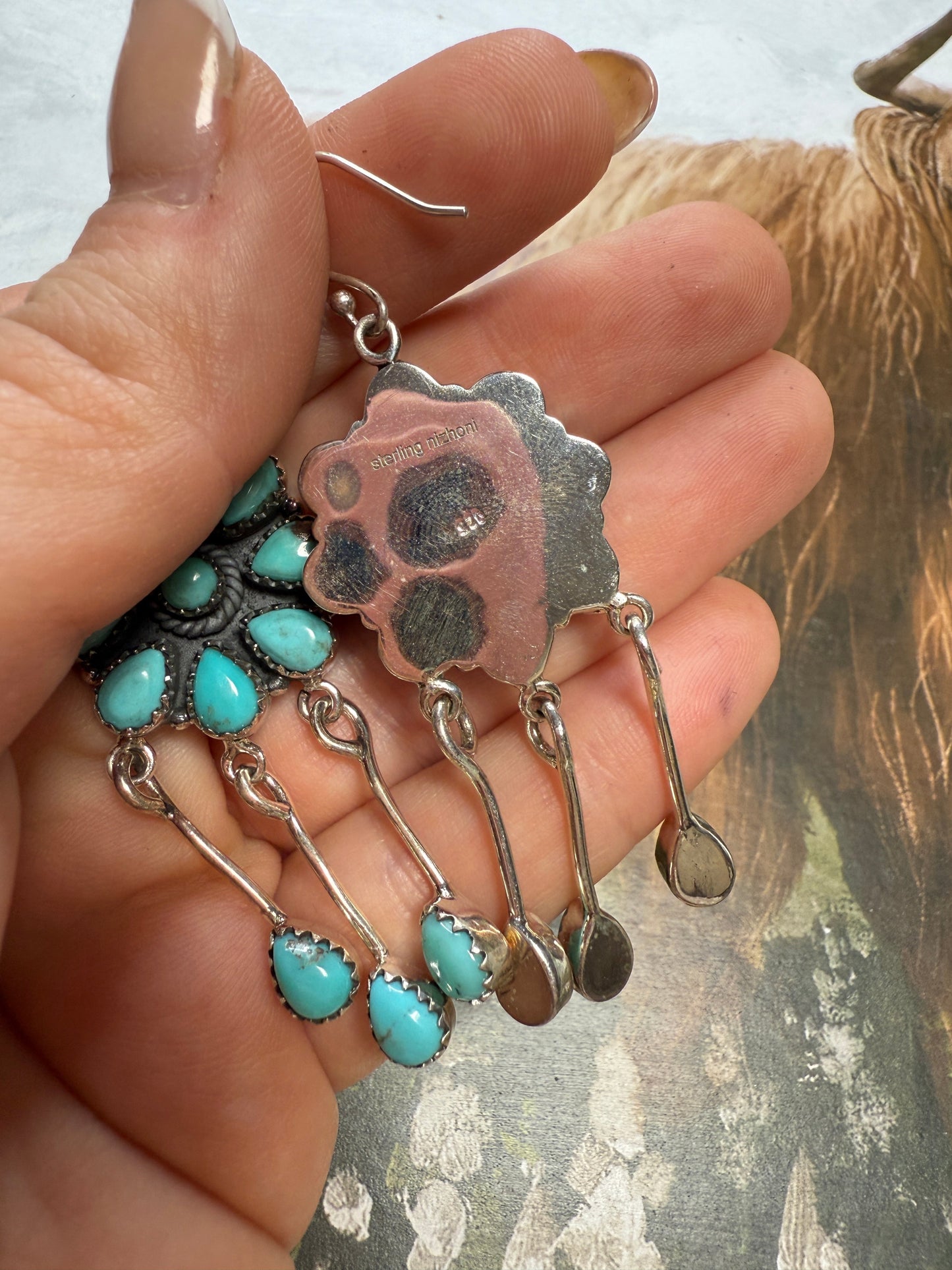 Handmade Turquoise and Sterling Silver Hook Dangle Earrings