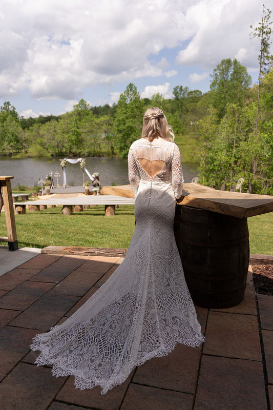The Jolene Gown– Custom Boho Lace Western Wedding Dress with Bell Sleeves