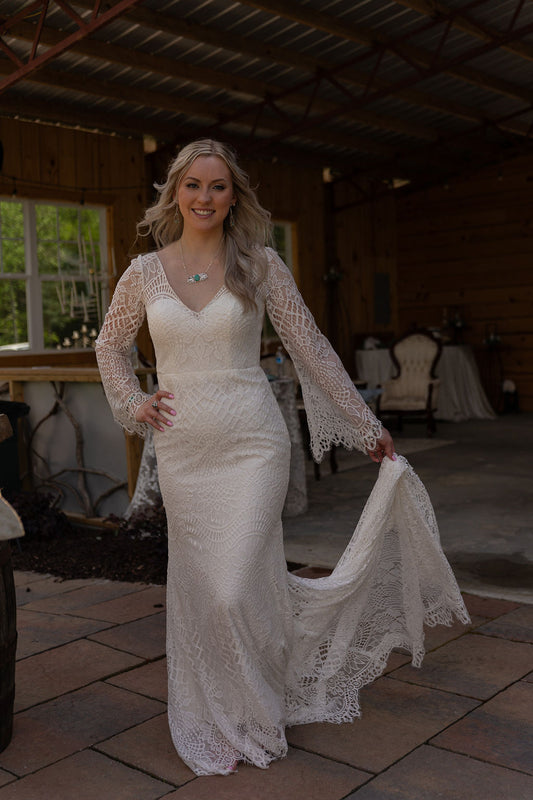 The Jolene Gown– Custom Boho Lace Western Wedding Dress with Bell Sleeves
