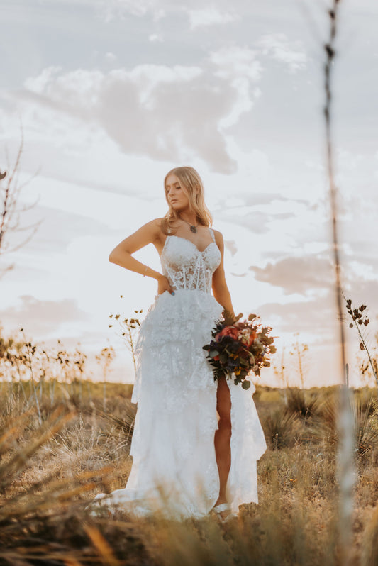 The Harlow Gown – Romantic Tiered Lace Wedding Dress with High-Low Skirt