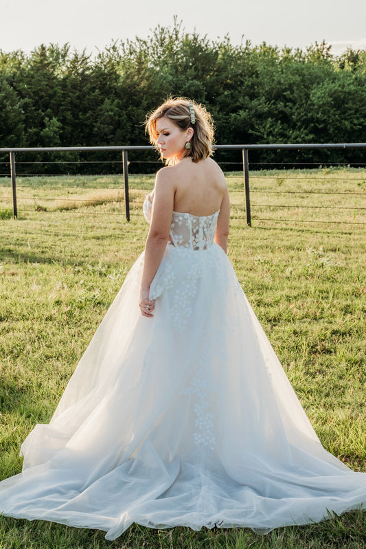 The Iris Gown – Romantic Ivory A-Line Wedding Dress with Floral Appliqués