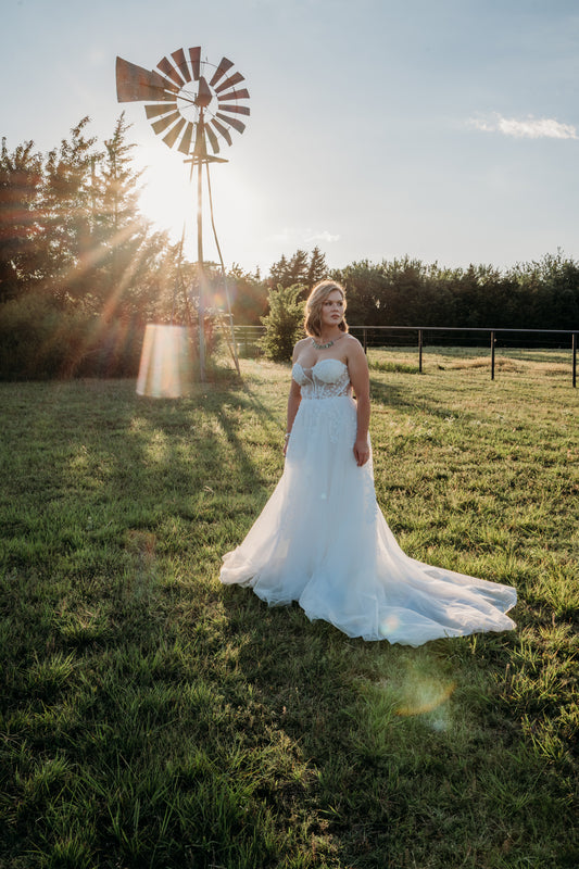 The Iris Gown – Romantic Ivory A-Line Wedding Dress with Floral Appliqués
