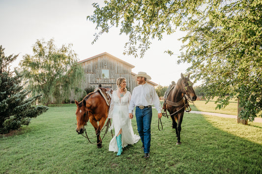 The Bonnie Gown – Western Boho Wedding Dress with Split Skirt, Fringe & Fringe Lines Bell Sleeves