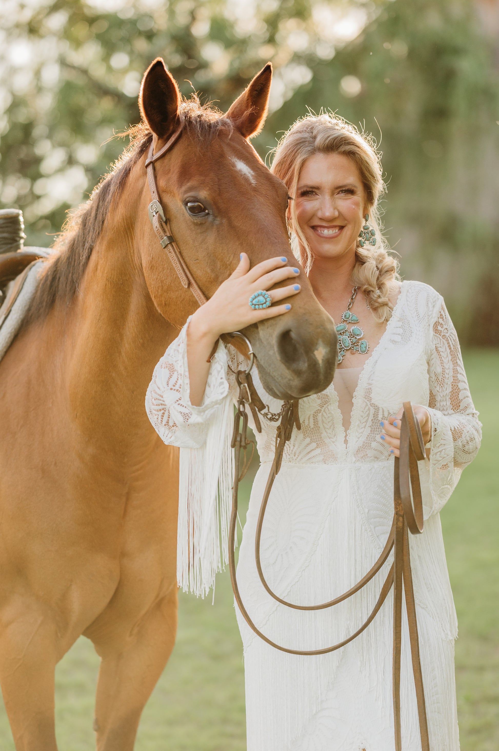 The Bonnie Gown – Western Boho Wedding Dress with Split Skirt, Fringe & Fringe Lines Bell Sleeves