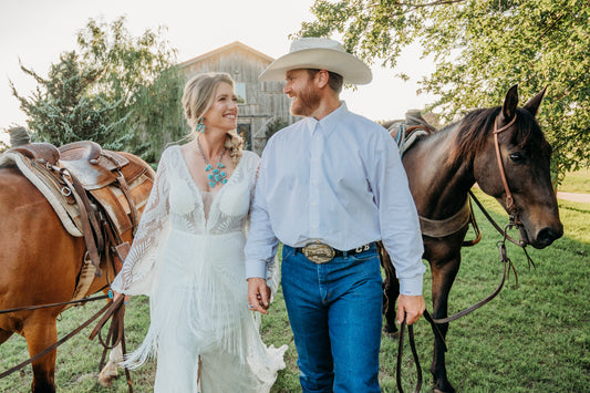 The Bonnie Gown – Western Boho Wedding Dress with Split Skirt, Fringe & Fringe Lines Bell Sleeves